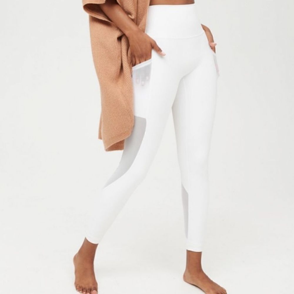 Aerie Offline Goals Activewear 7/8 Yoga High Rise Leggings Pockets, Large White